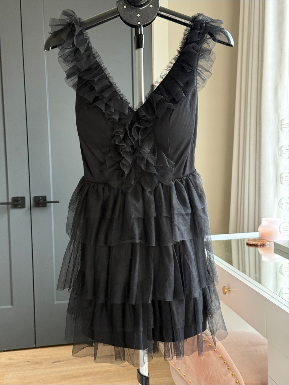 City Vibe Black Tiered Ruffle Tulle Mini Dress Size 3